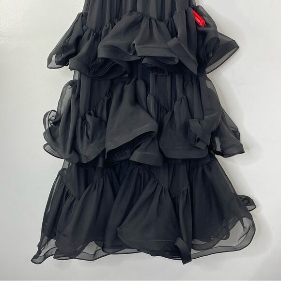 Mac Duggal 68411 Tiered Ruffled Tulle Organza Midi V-neck Dress, Black, Size 2 - Picture 8 of 9